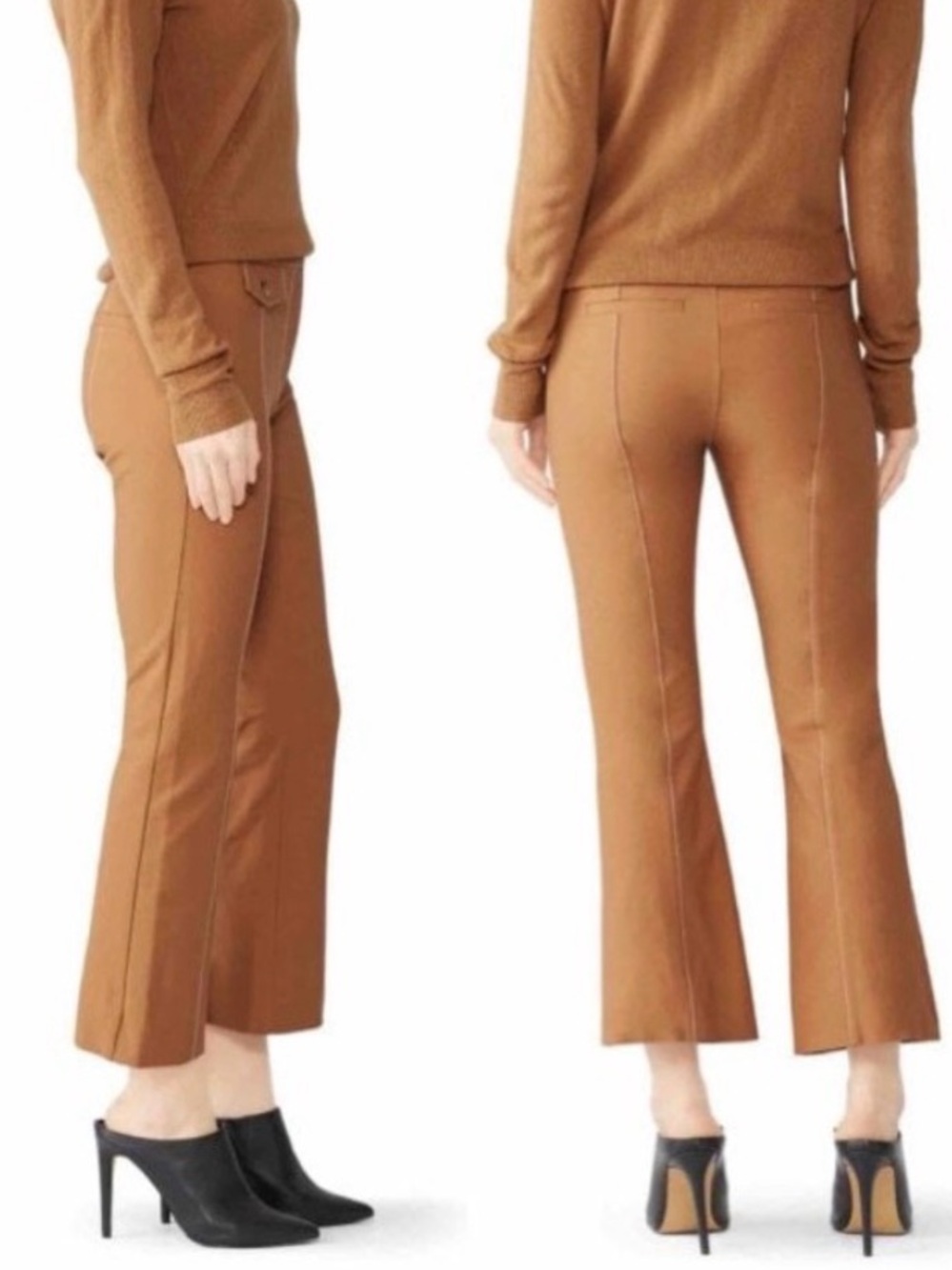 Derek Lam 10 Crosby Camel Flared Trousers Contrast Stitch Size 6 Cotton Cropped - Picture 2 of 16